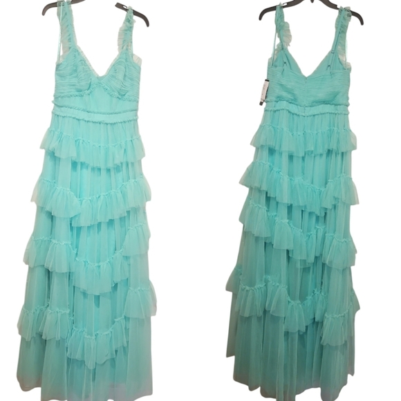 Betsy & Adam Maxi Dress Mesh Green New Sweetheart Neckline Ruffle Tier Sz 10 - Picture 5 of 10